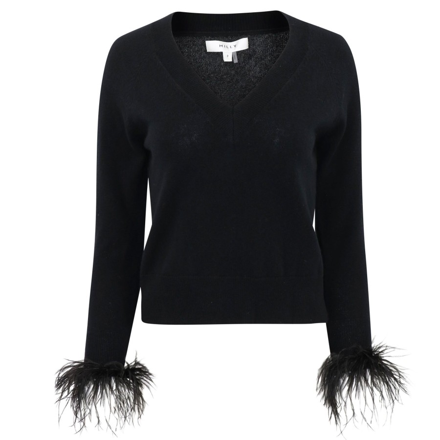 Clothing Milly | Feather Cuff V-Neck Sweater Black