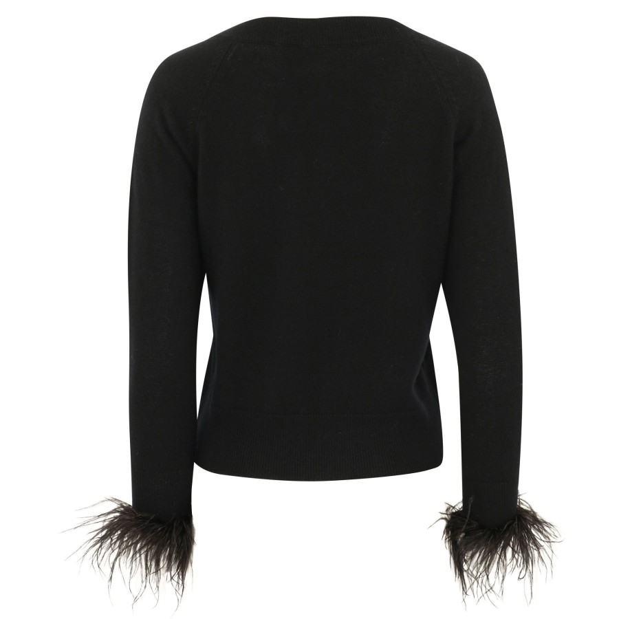 Clothing Milly | Feather Cuff V-Neck Sweater Black