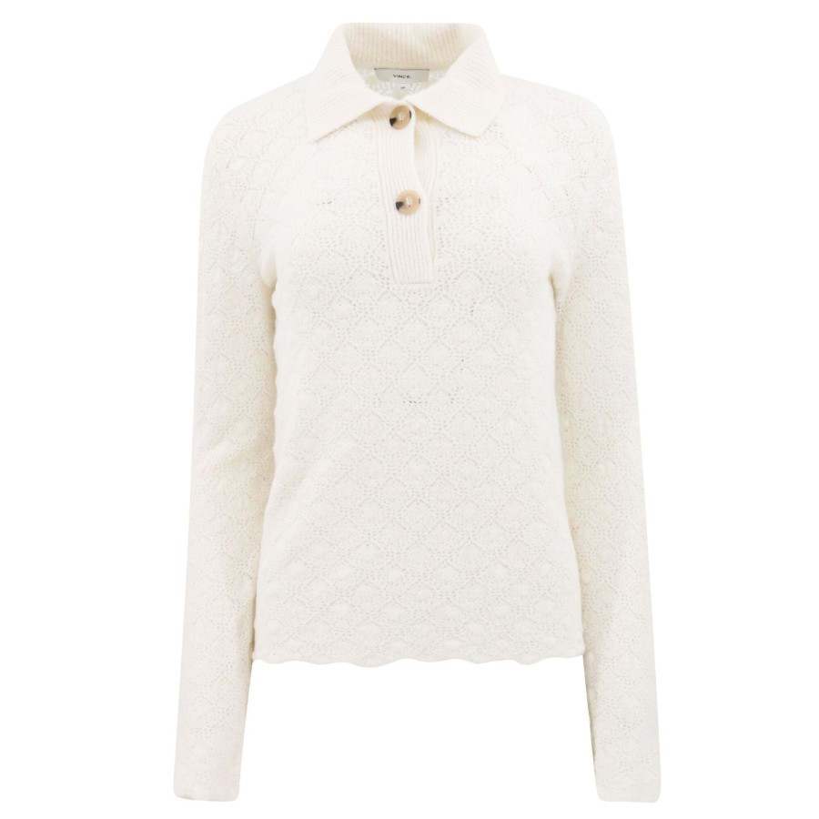 Clothing Vince | Italian Wool-Blend Lace-Stitch Polo Sweater Off White