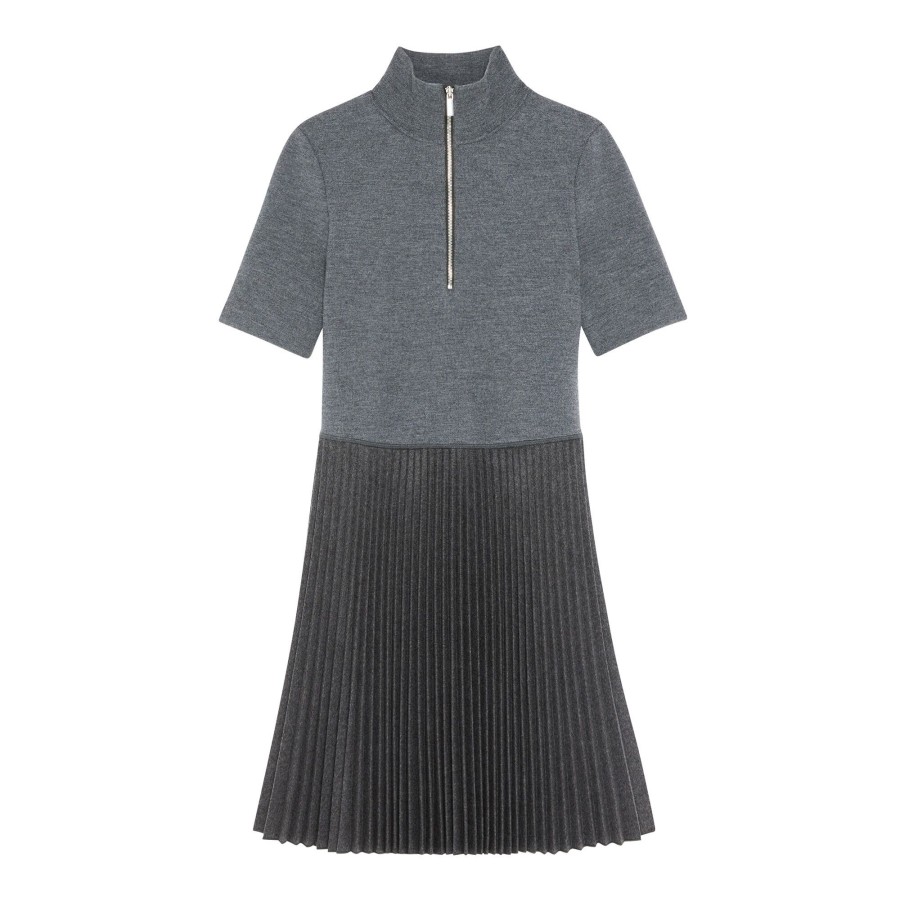 Clothing Theory | Short Sleeve Zip Pleated Dress Charcoal