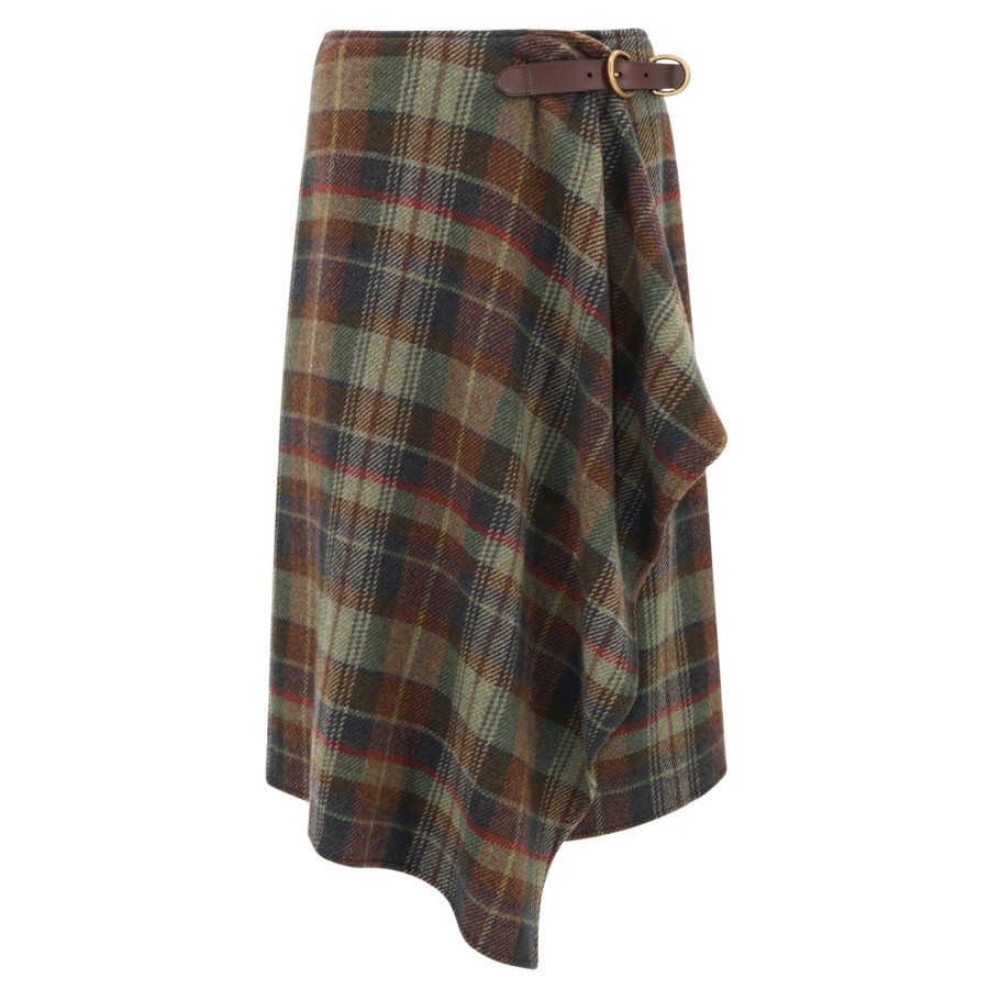 Clothing Polo Ralph Lauren | Buckle-Detail Plaid Herringbone Skirt Olive Multi Plaid