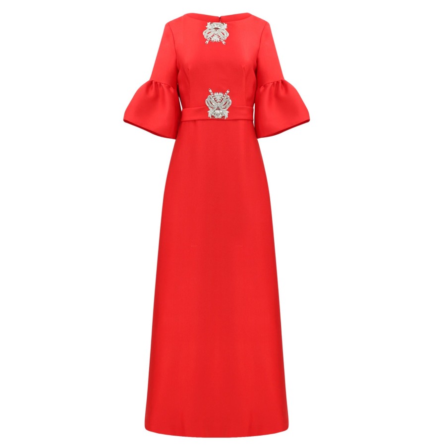 Clothing Reem Acra | Bell Sleeve With Appliques Gown Red