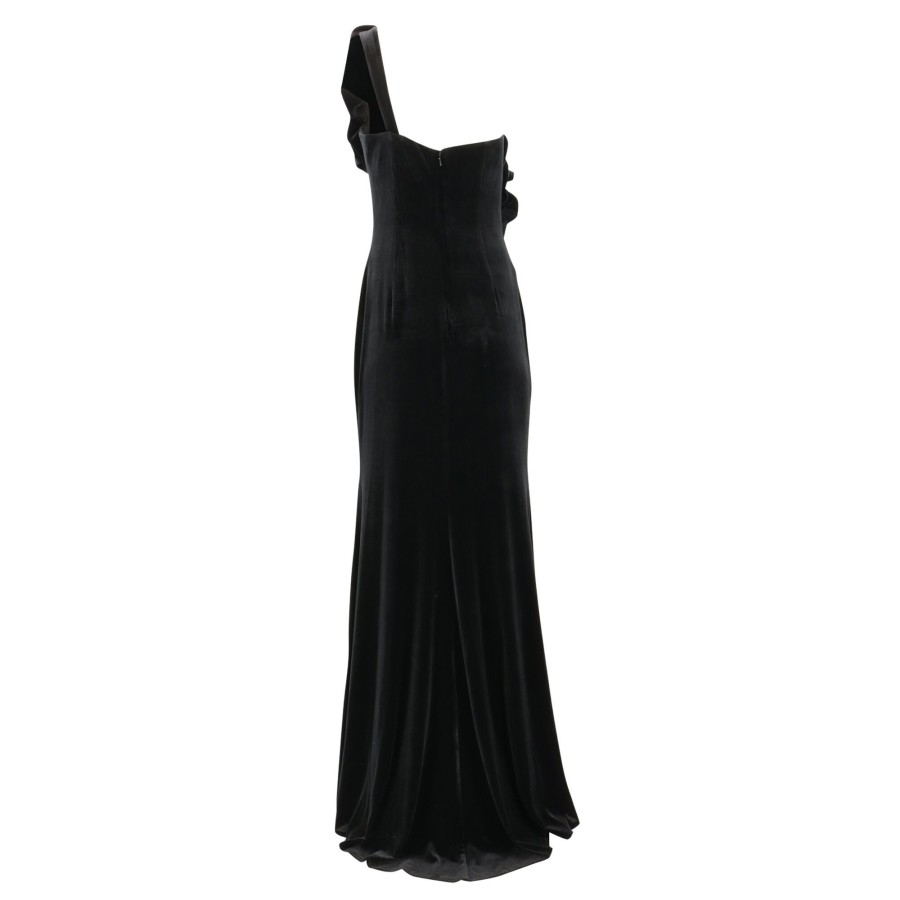 Clothing Badgley Mischka | Velvet One Shoulder Rosette Gown Black
